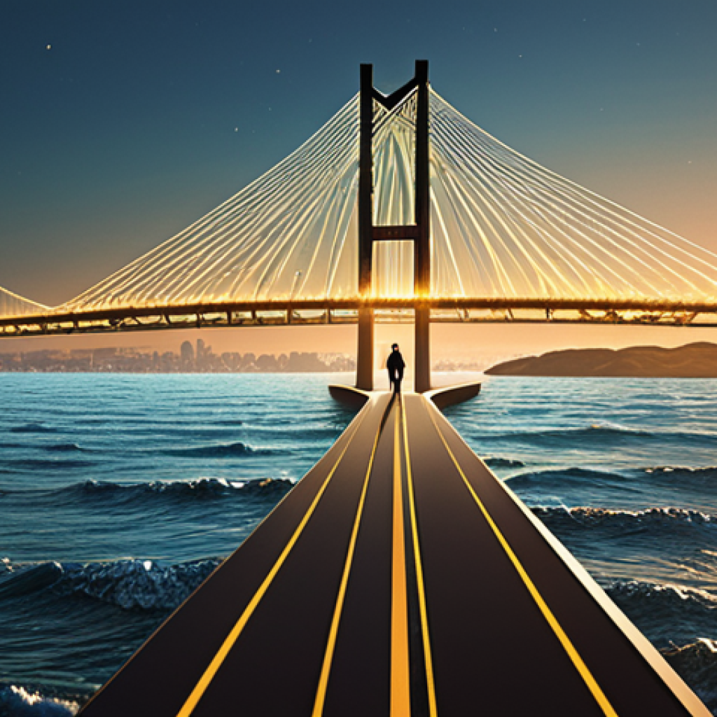 A determined investor, with a subtle hint of Portuguese or Brazilian cultural context (e.g., a warm, coastal light), standing at the edge of a shimmering digital bridge that extends across a metaphorical ocean towards a futuristic, glowing Wall Street skyline. The bridge is formed by interconnected data lines and financial symbols, representing seamless access and expanding horizons from local shores to global markets. The atmosphere is empowering and full of opportunity.