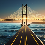 A determined investor, with a subtle hint of Portuguese or Brazilian cultural context (e.g., a warm, coastal light), standing at the edge of a shimmering digital bridge that extends across a metaphorical ocean towards a futuristic, glowing Wall Street skyline. The bridge is formed by interconnected data lines and financial symbols, representing seamless access and expanding horizons from local shores to global markets. The atmosphere is empowering and full of opportunity.