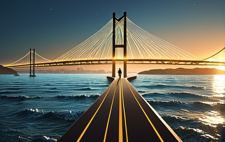 A determined investor, with a subtle hint of Portuguese or Brazilian cultural context (e.g., a warm, coastal light), standing at the edge of a shimmering digital bridge that extends across a metaphorical ocean towards a futuristic, glowing Wall Street skyline. The bridge is formed by interconnected data lines and financial symbols, representing seamless access and expanding horizons from local shores to global markets. The atmosphere is empowering and full of opportunity.