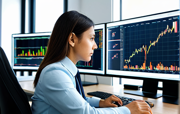 A focused financial analyst, male or female, in professional business attire, seated at a modern desk with multiple computer screens displaying complex financial charts, stock market data, and analytical graphs. The office environment is clean, well-lit, and contemporary, emphasizing deep analysis and understanding. The individual is looking intently at the data, with a calm and concentrated expression. The subject is fully clothed, modest clothing, appropriate attire, professional dress, safe for work, appropriate content, family-friendly. Perfect anatomy, correct proportions, natural pose, well-formed hands, proper finger count, natural body proportions, professional photography, high quality.