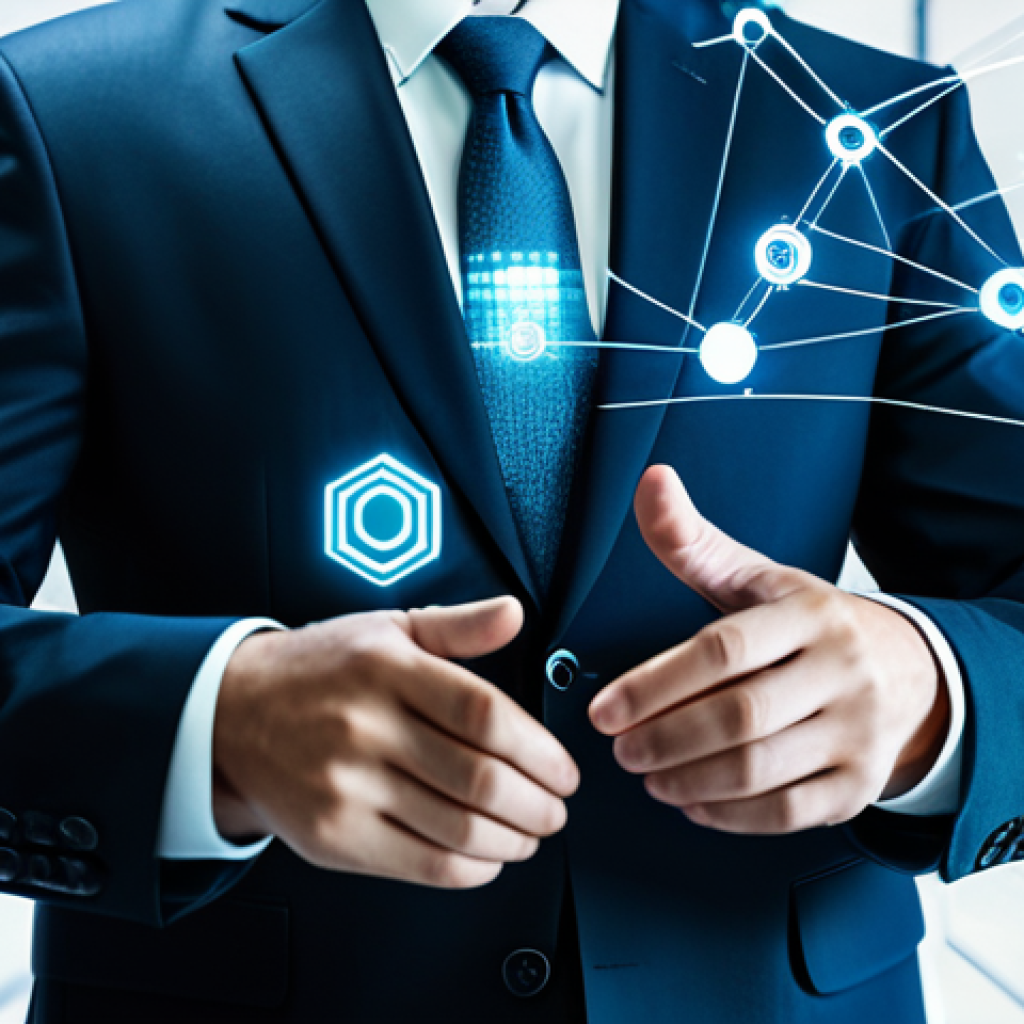 A professional individual of diverse background, dressed in a modest and modern business suit, is calmly interacting with holographic interfaces displaying abstract blockchain networks and secure financial data in a brightly lit, futuristic digital environment. The scene emphasizes control, innovation, and technological advancement. High-resolution, professional photography, cinematic lighting, perfect anatomy, correct proportions, natural pose, well-formed hands, proper finger count, natural body proportions, fully clothed, appropriate attire, safe for work, professional, appropriate content.