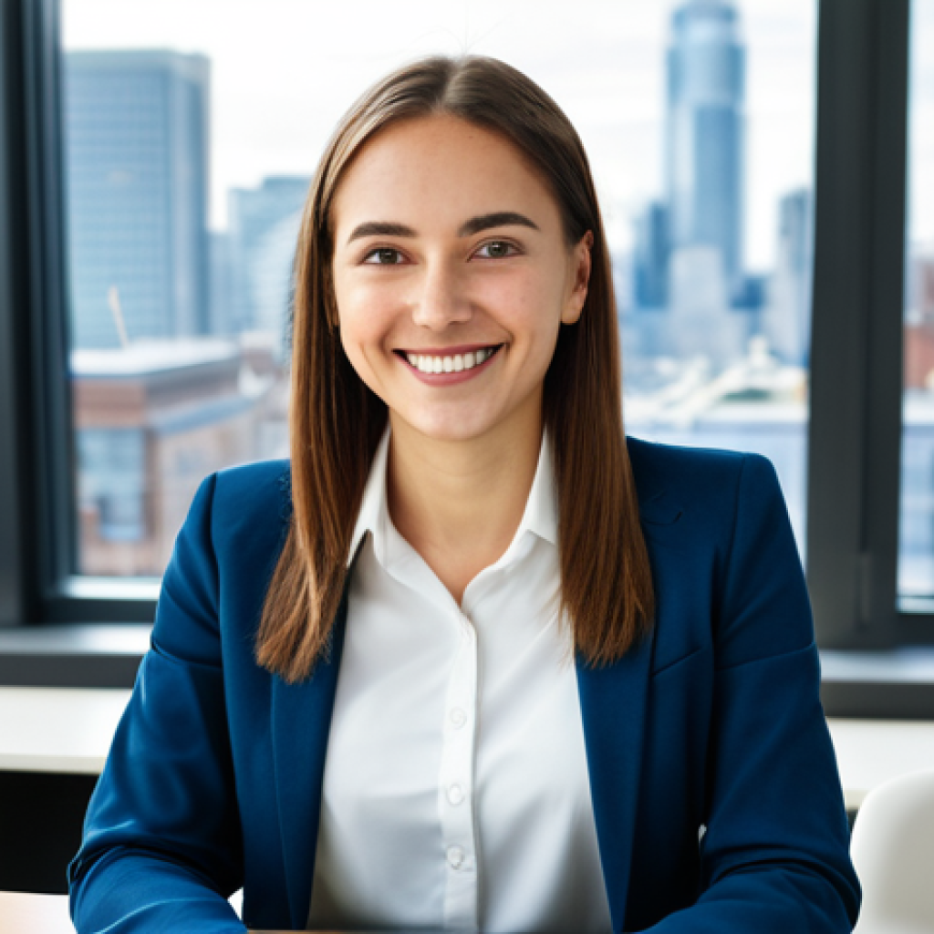 **
"A young professional, fully clothed in a modest business casual outfit, sits at a desk in a bright, modern office. She is smiling slightly, looking directly at the viewer. Behind her, a blurred background of colleagues working and a cityscape view from the window. Perfect anatomy, well-formed hands, natural pose, appropriate attire, safe for work, professional, high quality photography, natural lighting."
**