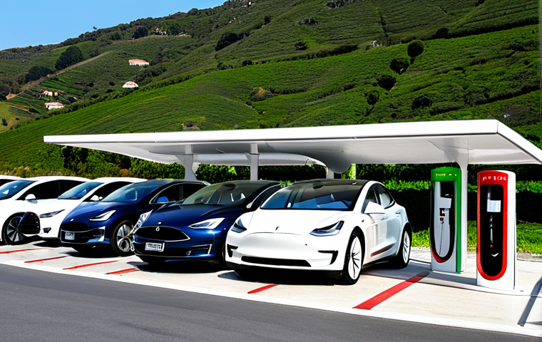 Modern Supercharger Station**

A bright, modern Tesla Supercharger station in Portugal, with several Model 3s and Model Ys charging. Lush green hills in the background. Solar panels are visible on the Supercharger canopies. The scene is bustling with activity, but clean and organized. Appropriate signage in Portuguese. Families are present, appearing relaxed and safe. Image should convey the convenience and accessibility of electric vehicle charging. "Safe for work," "appropriate content," "fully clothed," "family-friendly," "professional photography," "high quality," "perfect anatomy," "correct proportions," "natural pose."

**