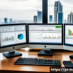 Home 21 주식 매도 타이밍 잡는 법 - A detailed financial analyst’s workspace in São Paulo, Brazil, showing multiple computer monitors di...