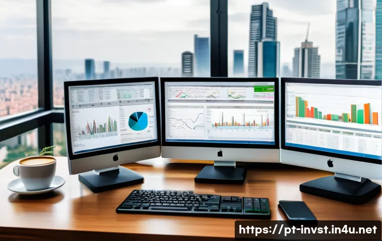 주식 매도 타이밍 잡는 법 - A detailed financial analyst’s workspace in São Paulo, Brazil, showing multiple computer monitors di...