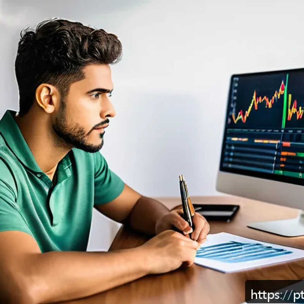 주식과 코인 복리 계산법 - A detailed and vibrant illustration of a young Brazilian investor sitting at a desk in a modern home...