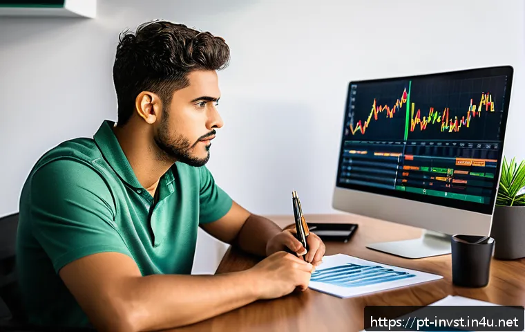 주식과 코인 복리 계산법 - A detailed and vibrant illustration of a young Brazilian investor sitting at a desk in a modern home...