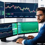 Home 18 원자재와 금 투자 대안 - A modern, professional Brazilian investor sitting at a sleek desk in a bright home office, analyzing...