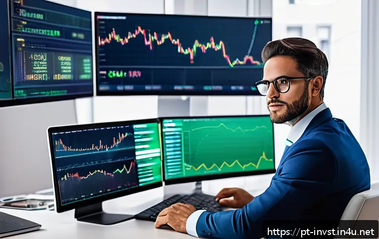 원자재와 금 투자 대안 - A modern, professional Brazilian investor sitting at a sleek desk in a bright home office, analyzing...